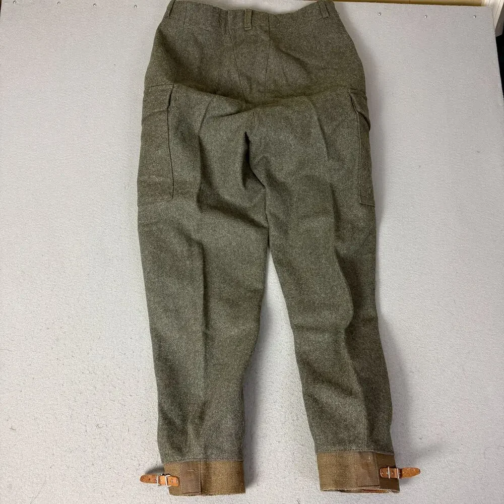 Vintage Swedish Army Wool Cargo Pants C48 Military Trousers Leather Cuffs